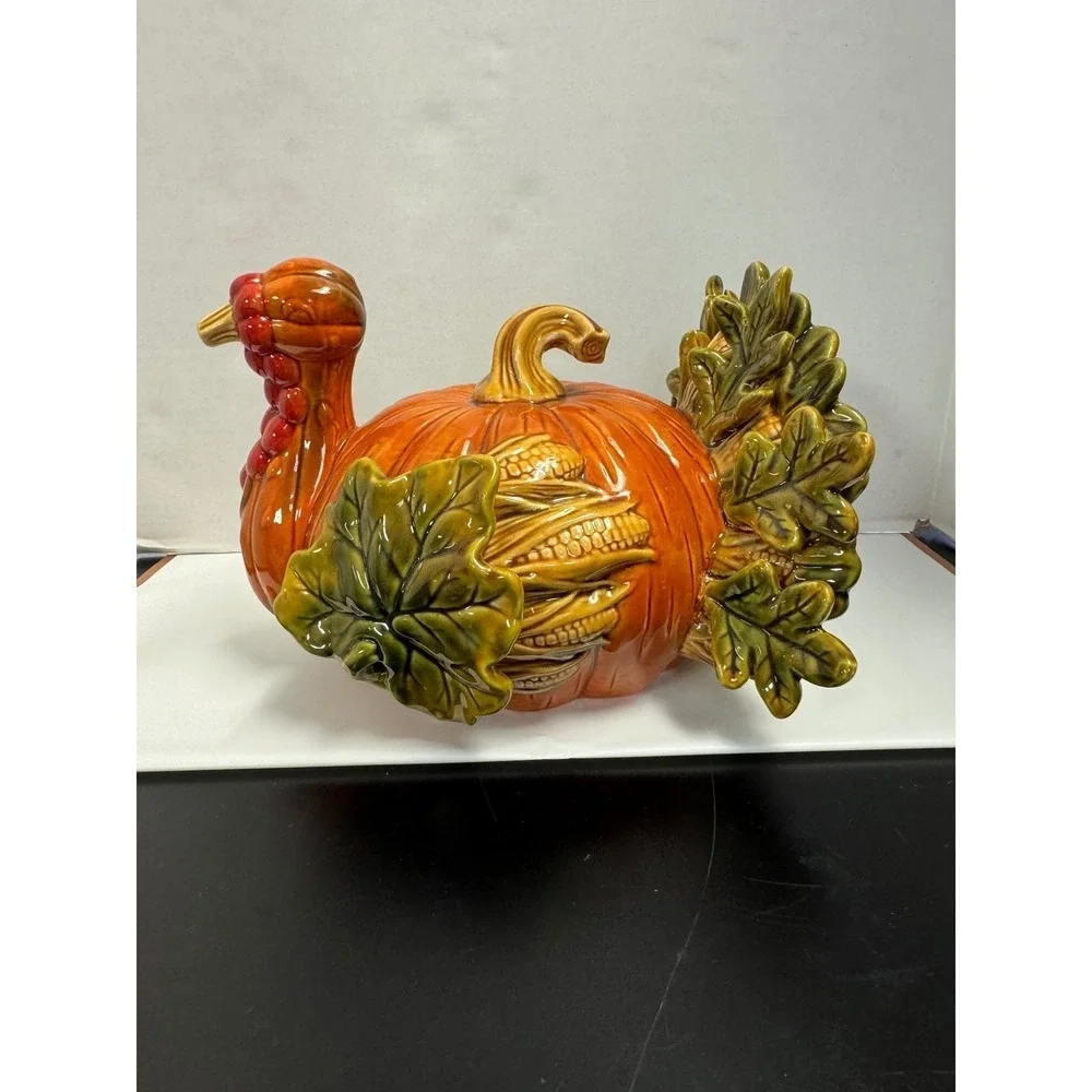 Ceramic Turkey Pumpkin‎ Figurine Thanksgiving Harvest Decor Glazed Centerpiece